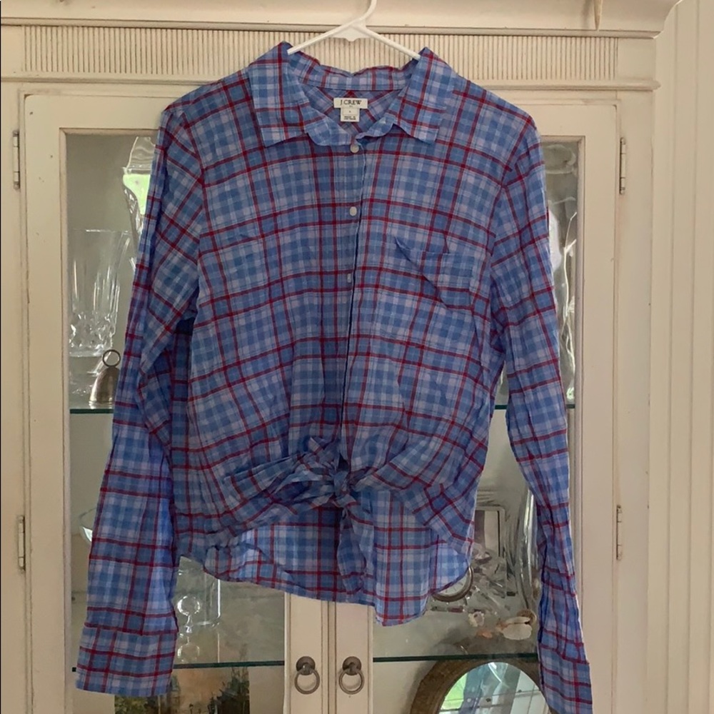 J. CREW plaid tie front blouse top large CROPPED